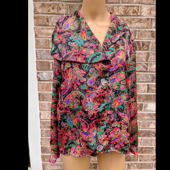 Vintage 80s Black and Rainbow Psychedelic Paisley Blouse Top - Picture 7 of 7